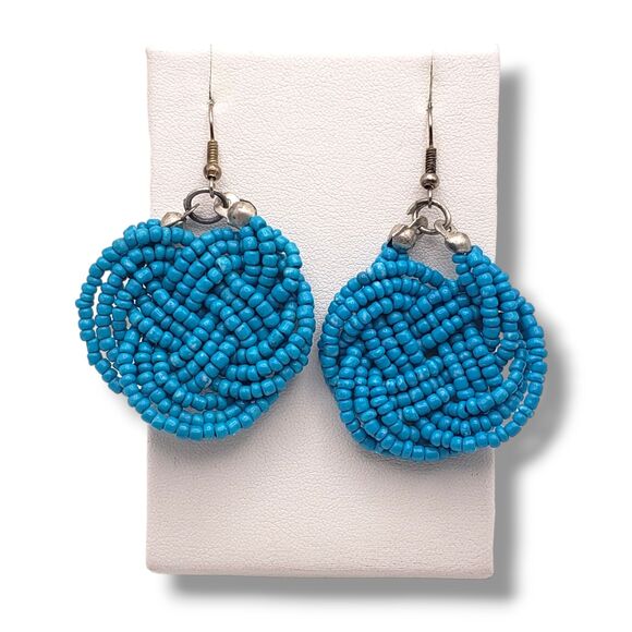 Turquoise Blue Color Seed Bead Round Knot Silver Tone Hook Earrings - Picture 3 of 5